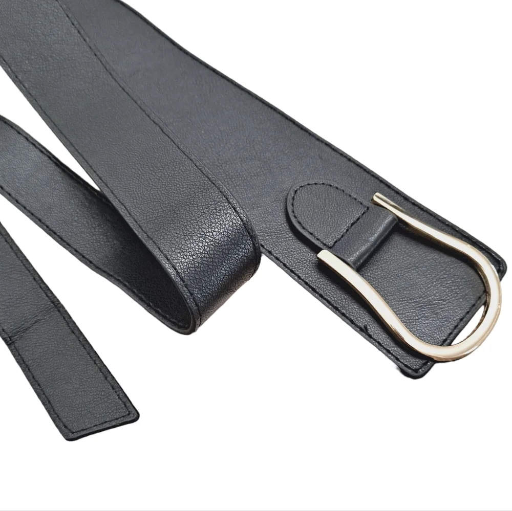 Black Faux Leather Corset Wrap Wide Waist belt Boho Asymmetrical Gold Buckle